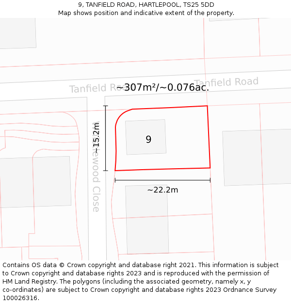 9, TANFIELD ROAD, HARTLEPOOL, TS25 5DD: Plot and title map