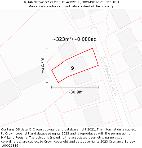 9, TANGLEWOOD CLOSE, BLACKWELL, BROMSGROVE, B60 1BU: Plot and title map