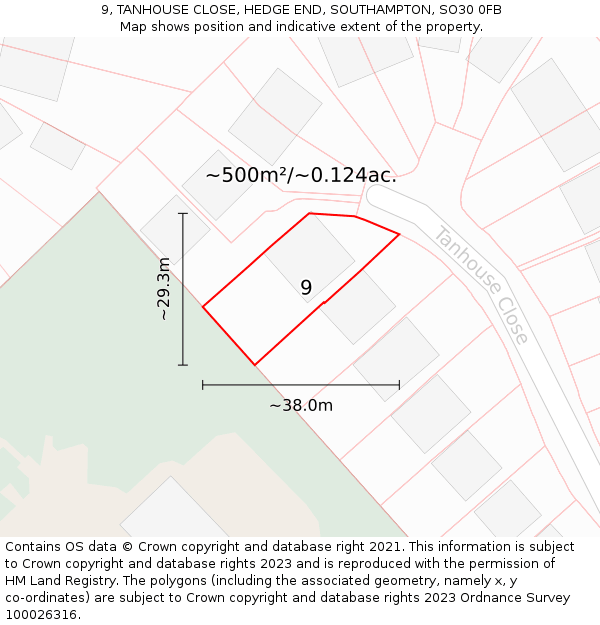 9, TANHOUSE CLOSE, HEDGE END, SOUTHAMPTON, SO30 0FB: Plot and title map