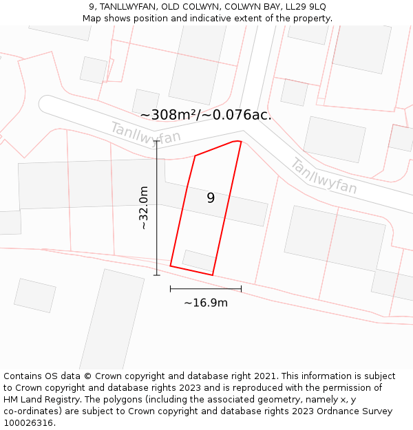 9, TANLLWYFAN, OLD COLWYN, COLWYN BAY, LL29 9LQ: Plot and title map