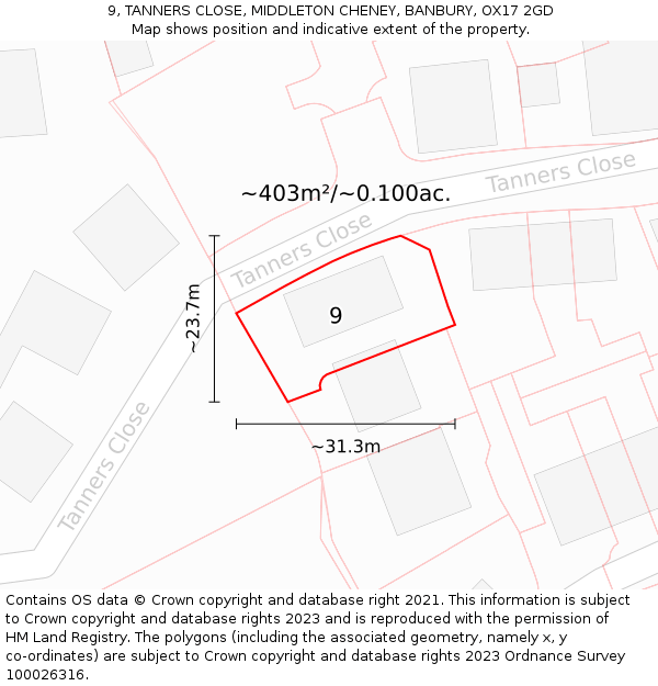 9, TANNERS CLOSE, MIDDLETON CHENEY, BANBURY, OX17 2GD: Plot and title map