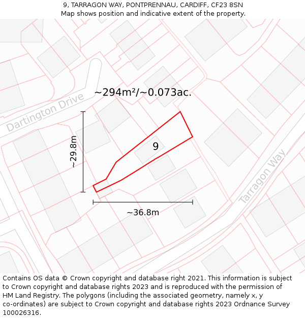 9, TARRAGON WAY, PONTPRENNAU, CARDIFF, CF23 8SN: Plot and title map