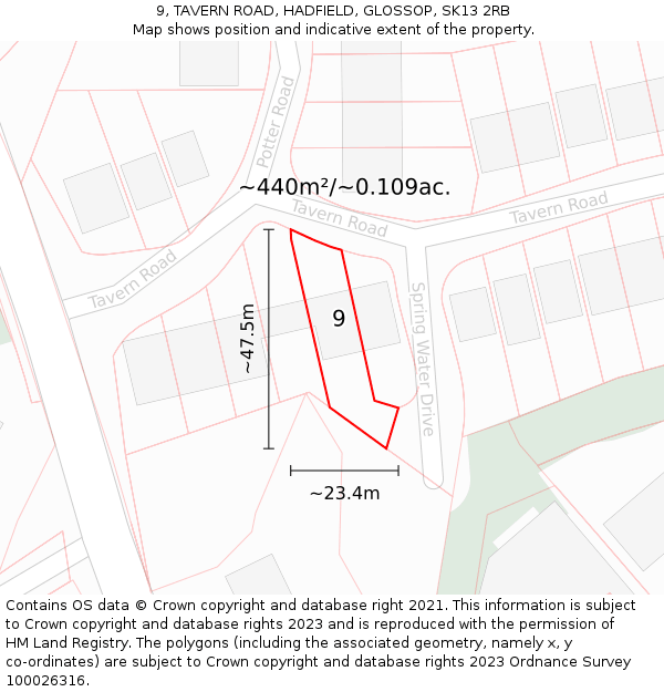 9, TAVERN ROAD, HADFIELD, GLOSSOP, SK13 2RB: Plot and title map