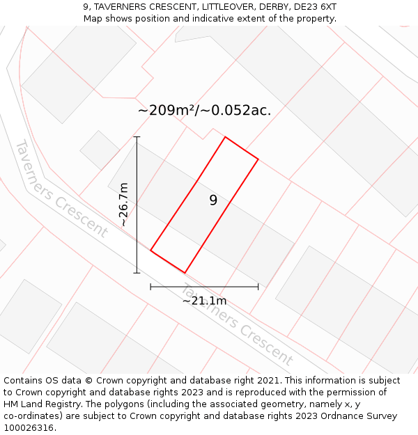 9, TAVERNERS CRESCENT, LITTLEOVER, DERBY, DE23 6XT: Plot and title map
