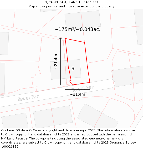 9, TAWEL FAN, LLANELLI, SA14 8ST: Plot and title map