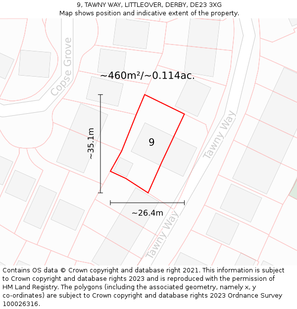 9, TAWNY WAY, LITTLEOVER, DERBY, DE23 3XG: Plot and title map