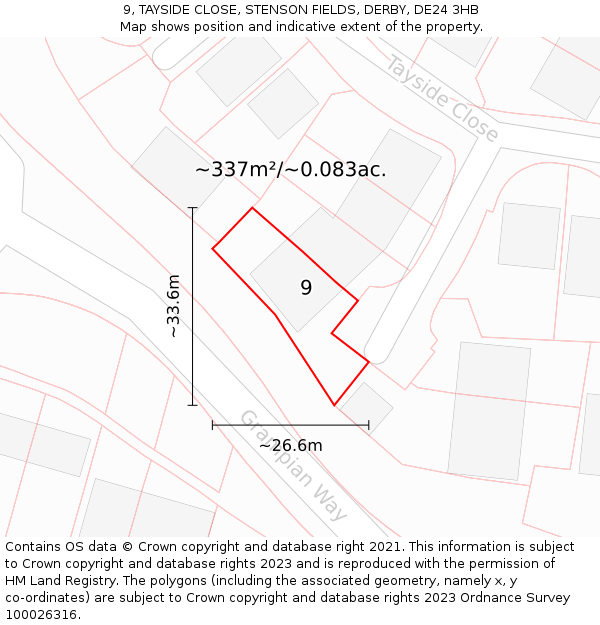 9, TAYSIDE CLOSE, STENSON FIELDS, DERBY, DE24 3HB: Plot and title map