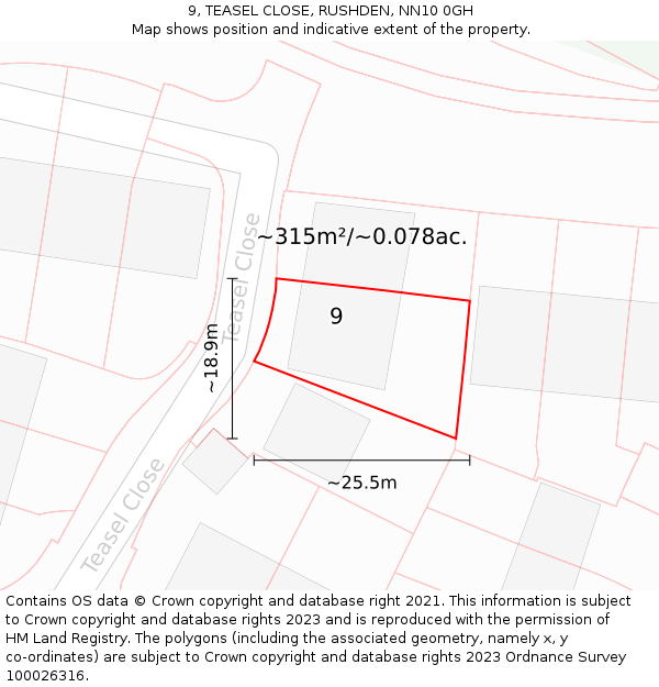 9, TEASEL CLOSE, RUSHDEN, NN10 0GH: Plot and title map