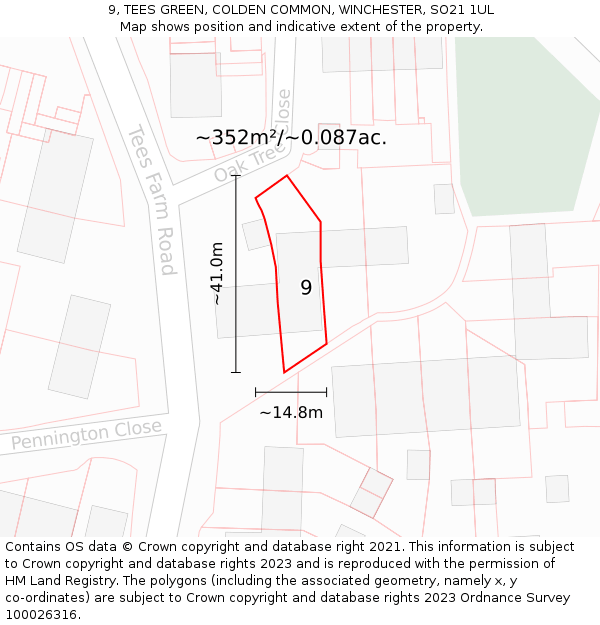 9, TEES GREEN, COLDEN COMMON, WINCHESTER, SO21 1UL: Plot and title map