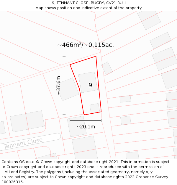 9, TENNANT CLOSE, RUGBY, CV21 3UH: Plot and title map