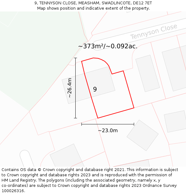 9, TENNYSON CLOSE, MEASHAM, SWADLINCOTE, DE12 7ET: Plot and title map