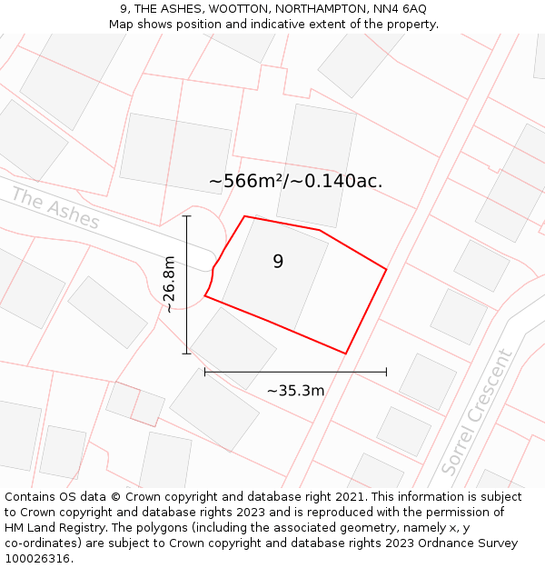 9, THE ASHES, WOOTTON, NORTHAMPTON, NN4 6AQ: Plot and title map