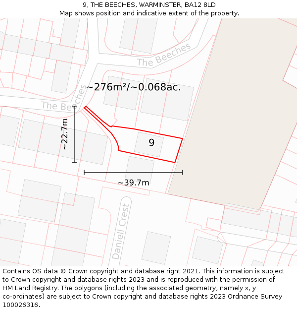 9, THE BEECHES, WARMINSTER, BA12 8LD: Plot and title map