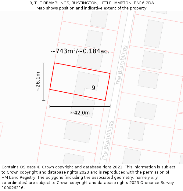 9, THE BRAMBLINGS, RUSTINGTON, LITTLEHAMPTON, BN16 2DA: Plot and title map