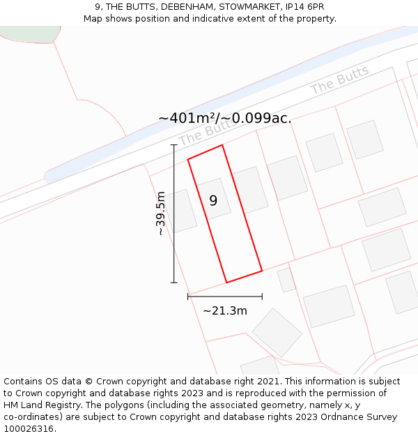 9, THE BUTTS, DEBENHAM, STOWMARKET, IP14 6PR: Plot and title map