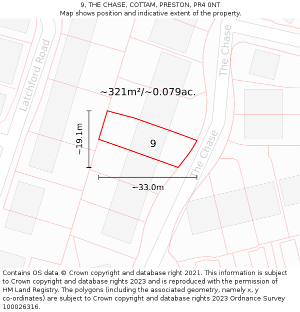 9, THE CHASE, COTTAM, PRESTON, PR4 0NT: Plot and title map
