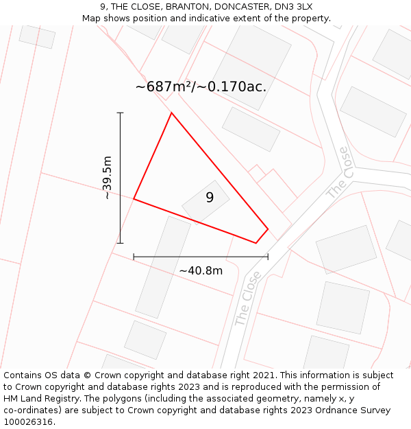 9, THE CLOSE, BRANTON, DONCASTER, DN3 3LX: Plot and title map
