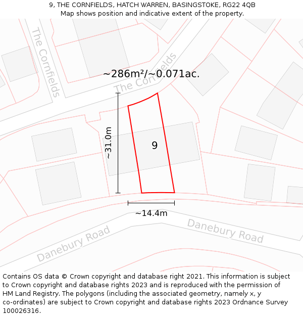 9, THE CORNFIELDS, HATCH WARREN, BASINGSTOKE, RG22 4QB: Plot and title map