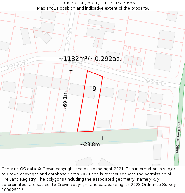 9, THE CRESCENT, ADEL, LEEDS, LS16 6AA: Plot and title map