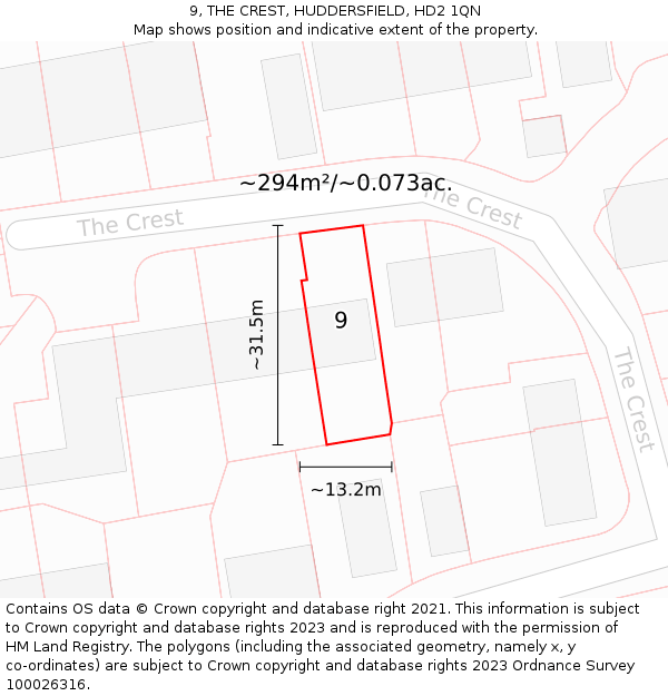 9, THE CREST, HUDDERSFIELD, HD2 1QN: Plot and title map