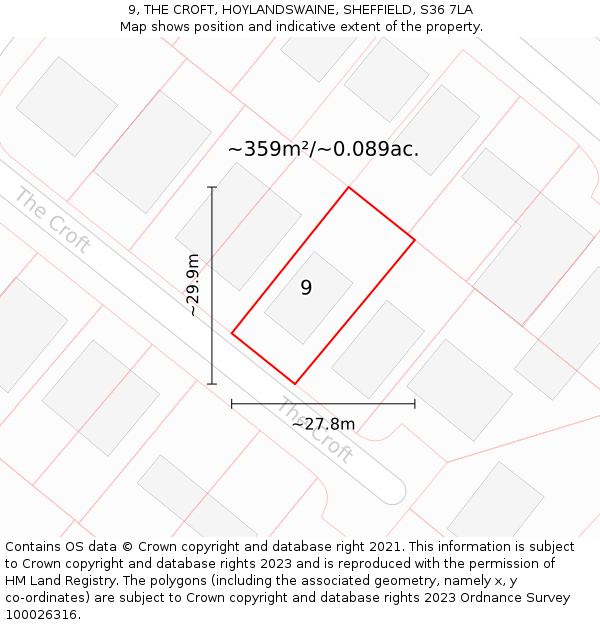 9, THE CROFT, HOYLANDSWAINE, SHEFFIELD, S36 7LA: Plot and title map