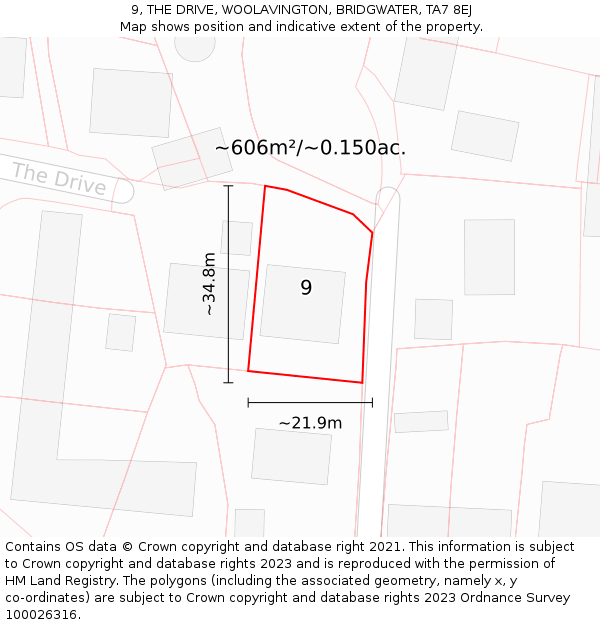 9, THE DRIVE, WOOLAVINGTON, BRIDGWATER, TA7 8EJ: Plot and title map