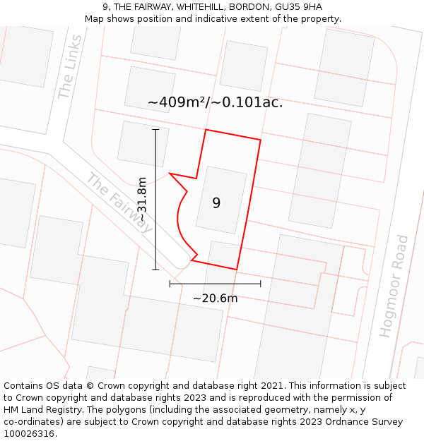9, THE FAIRWAY, WHITEHILL, BORDON, GU35 9HA: Plot and title map
