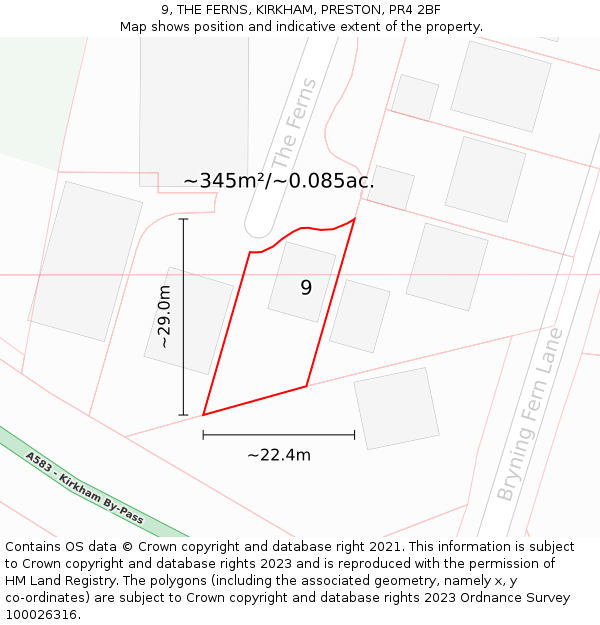 9, THE FERNS, KIRKHAM, PRESTON, PR4 2BF: Plot and title map