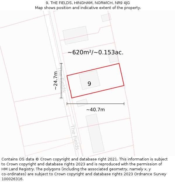 9, THE FIELDS, HINGHAM, NORWICH, NR9 4JG: Plot and title map