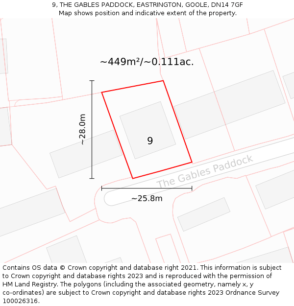 9, THE GABLES PADDOCK, EASTRINGTON, GOOLE, DN14 7GF: Plot and title map