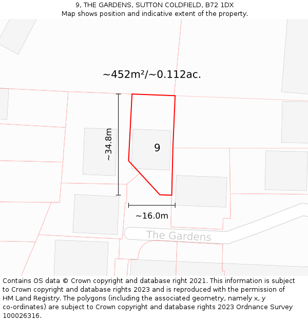 9, THE GARDENS, SUTTON COLDFIELD, B72 1DX: Plot and title map