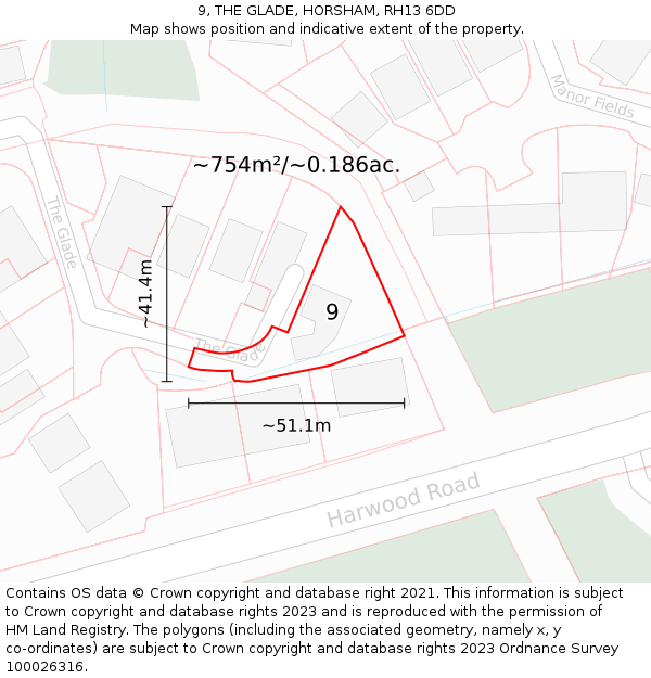 9, THE GLADE, HORSHAM, RH13 6DD: Plot and title map