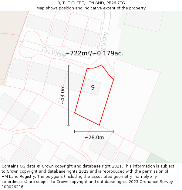 9, THE GLEBE, LEYLAND, PR26 7TG: Plot and title map