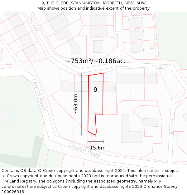 9, THE GLEBE, STANNINGTON, MORPETH, NE61 6HW: Plot and title map
