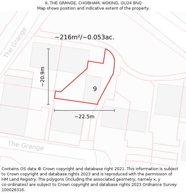 9, THE GRANGE, CHOBHAM, WOKING, GU24 8NQ: Plot and title map