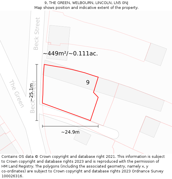 9, THE GREEN, WELBOURN, LINCOLN, LN5 0NJ: Plot and title map