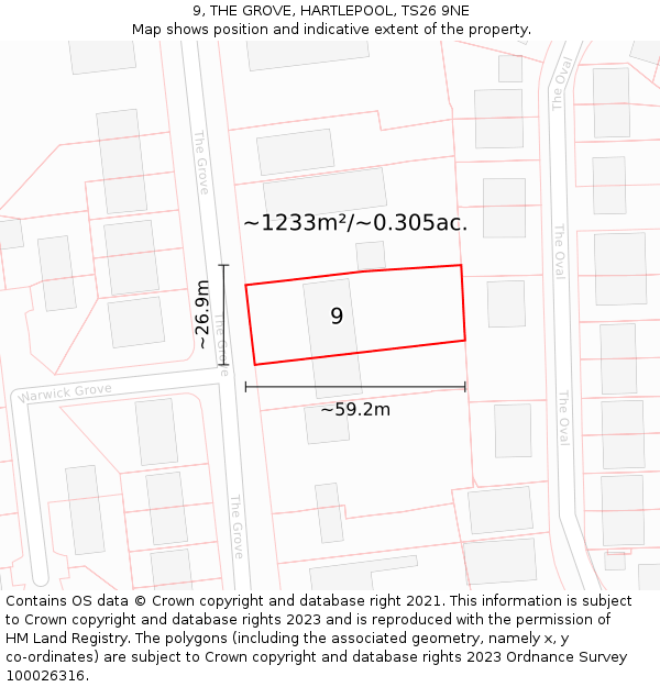 9, THE GROVE, HARTLEPOOL, TS26 9NE: Plot and title map