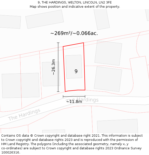 9, THE HARDINGS, WELTON, LINCOLN, LN2 3FE: Plot and title map