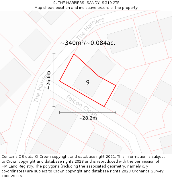 9, THE HARRIERS, SANDY, SG19 2TF: Plot and title map