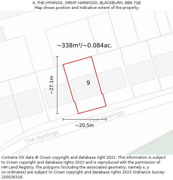 9, THE HYNINGS, GREAT HARWOOD, BLACKBURN, BB6 7QE: Plot and title map
