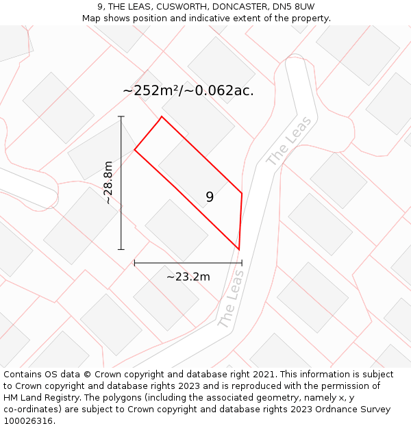 9, THE LEAS, CUSWORTH, DONCASTER, DN5 8UW: Plot and title map
