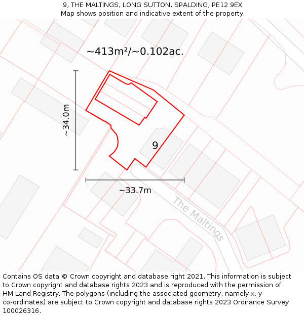 9, THE MALTINGS, LONG SUTTON, SPALDING, PE12 9EX: Plot and title map