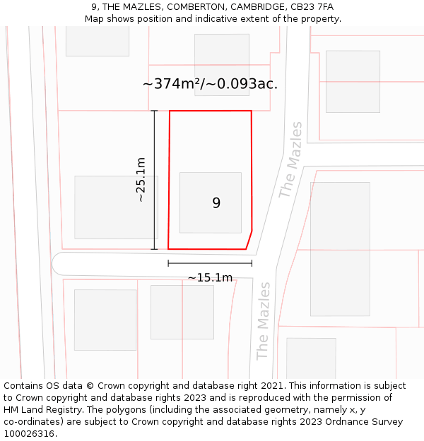 9, THE MAZLES, COMBERTON, CAMBRIDGE, CB23 7FA: Plot and title map