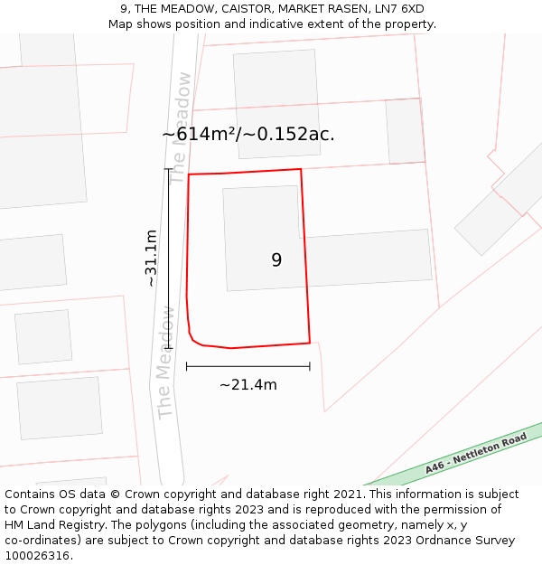 9, THE MEADOW, CAISTOR, MARKET RASEN, LN7 6XD: Plot and title map