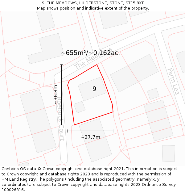 9, THE MEADOWS, HILDERSTONE, STONE, ST15 8XT: Plot and title map