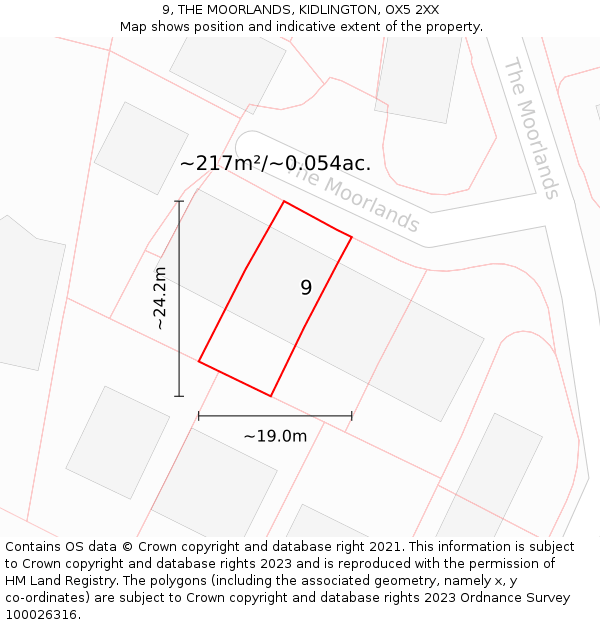9, THE MOORLANDS, KIDLINGTON, OX5 2XX: Plot and title map
