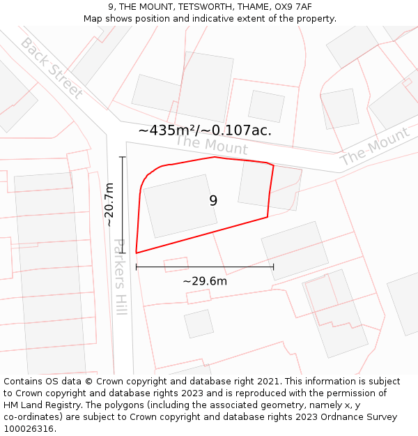 9, THE MOUNT, TETSWORTH, THAME, OX9 7AF: Plot and title map