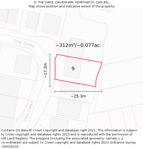 9, THE OAKS, DAVENHAM, NORTHWICH, CW9 8SL: Plot and title map