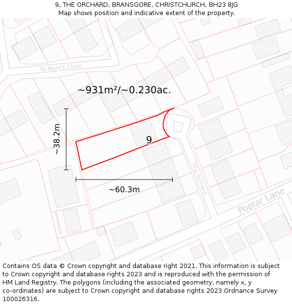 9, THE ORCHARD, BRANSGORE, CHRISTCHURCH, BH23 8JG: Plot and title map
