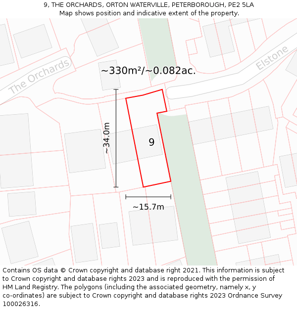 9, THE ORCHARDS, ORTON WATERVILLE, PETERBOROUGH, PE2 5LA: Plot and title map